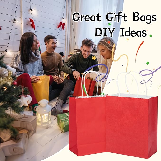 MOZRRO Gift Bags, 100 Pack 10.5x8.5x4.5 Inch, Paper Bags with Handles, Red, Medium Size, Recyclable, Eco-Friendly, Birthday, Wedding, Bulk, Party, Lunch Bags