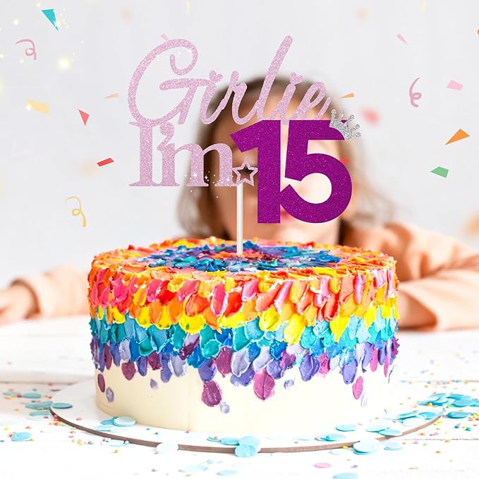 Girlie I'm 15 Cake Topper, 15th Birthday Decorations for Girl, Glitter Funny 15th Birthday Cake Topper, Girlie 15 Year Old Birthday Party Decoration Supplies