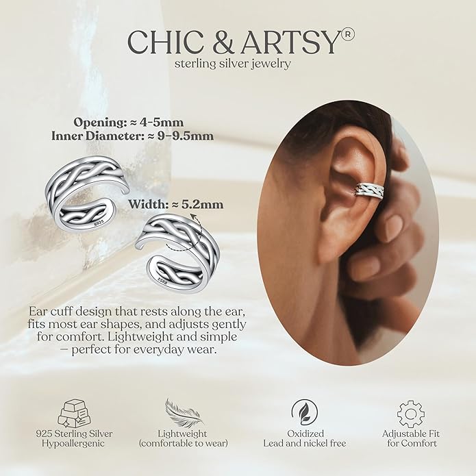 CHIC & ARTSY 925 Sterling Silver Ear Cuffs for Women, Non Piercing Clip On Cartilage Cuffs, Adjustable Fake Conch & Helix Earrings, Gold Plated & Oxidized Various Styles