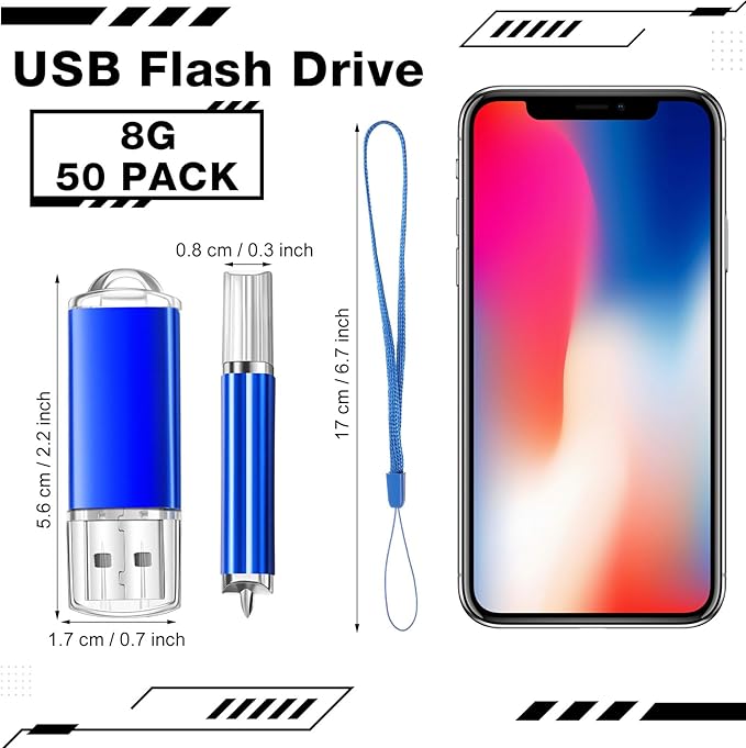 Hoteam 50 Pack USB 2.0 Flash Drives Bulk Blue Portable Thumb Drive with Hat USB Sticks Bulk with 50 Pcs Lanyards for Data Storage File Sharing Commercial Gift(8GB)