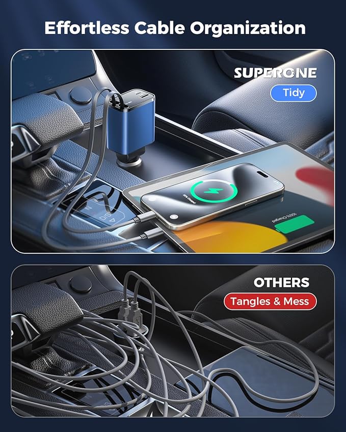[2024 Upgraded] 4 in 1 Retractable Car Charger, SUPERONE Smaller Fast Car Phone Charger 69W with Cord, USB C and iPhone Car Charger Adapter, Compatible iPhone 15/15 Pro Max/14/13/12/11, Sumsung