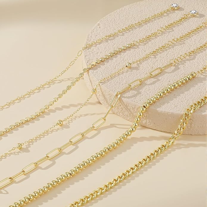 Emibele Gold Bracelets for Women, Dainty Adjustable 14K Gold Plated Bracelet Stack, Elegant Beaded Link Chain Bracelet Sets, Jewelry Gifts for Women