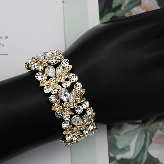 Wedding Leaf Flower Crystal Teardrop Pendant Necklace Dangle Earrings Stretch Bracelet Jewelry Set for Women Bridal Party Prom