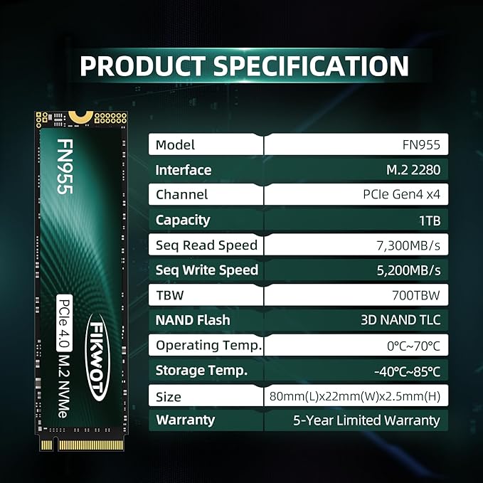FN955 1TB NVMe SSD M.2 2280 PCIe Gen4x4, Up to 7300MB/s, 3D NAND TLC Flash Internal Solid State Drive, Configure SLC Cache, Storage and Memory Expansion for PS5 Laptop Desktop