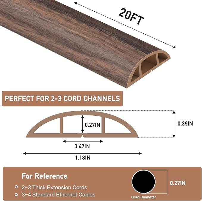 Floor Cord Cover Self Adhesive Cord Hider Floor Extension Cord Covers for Floor Power Cord Protector Cable Management Prevent Cable Trips Cable Cavity 0.47" W x 0.27" H (Smoked Brown Wood, 20Ft)