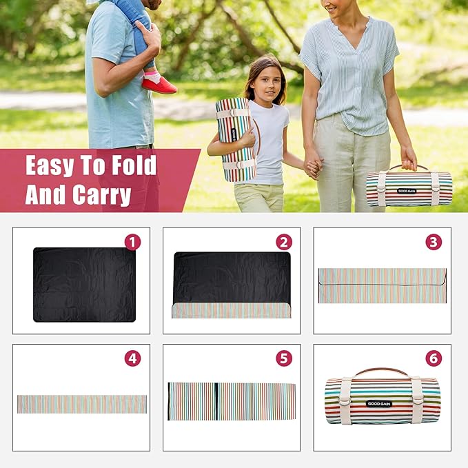 G GOOD GAIN Waterproof Picnic Blanket Portable with Carry Strap for Beach Mat or Family Outdoor Camping Party（Vibrant）