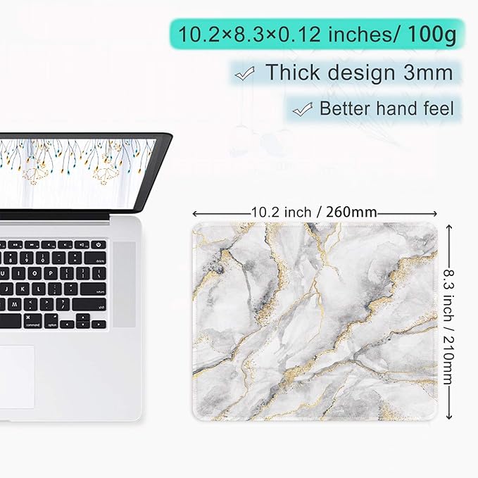 ITNRSIIET Mouse Pad with Stitched Edge Premium Textured Smooth Precise Operation Waterproof Washable Non-Slip Rubber Base Desktop Protection Mat, 10.2×8.3×0.12 inches, Gray Marbling