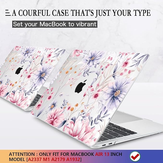 CISSOOK Flower Case for MacBook Air 13 Inch A2337 M1 A2179 A1932 Model 2021-2018 Released, Plastic Floral Cover with Keyboard Cover Protector for MacBook Air 13 with Touch ID，Flowers Watercolor