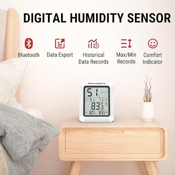 ThermoPro Hygrometer Thermometer for House TP350, Bluetooth Room Indoor Greenhouse Thermometer Monitor Up to 260FT, Backlit Humidity Meter Temperature Sensor with 2-Year Data Export, 2 Pack