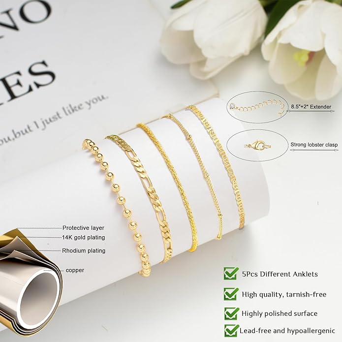 Gold Ankle Bracelets for Women,14k Gold Plated Anklets Waterproof Cuban Link Tennis Herringbone Beaded Chain Anklets Set Layered Anklet Bracelets for Women Adjustable Summer Beach Jewelry 5pcs