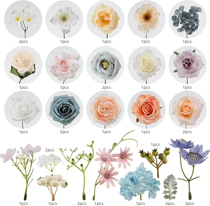 Floweroyal Artificial Flowers Combo Fairy Blue Flowers Mix Silk Flowers Fake Roses with Stems for DIY Wedding Bridal Bouquets, Baby Shower, Floral Arrangement, Table Centerpieces, Home Decorations.