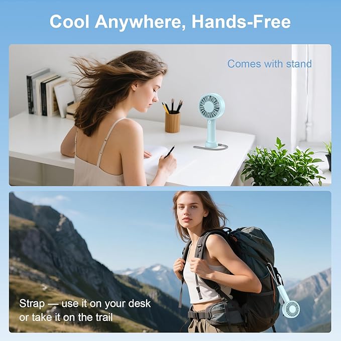 Portable Handheld Fan, USB Personal Fan Rechargeable Battery Operated 10H Working Cooling Time Mini Small Design with Base for Desktop/Travel/Outdoor/Vacation/Concerts/Lash Makeup-Blue