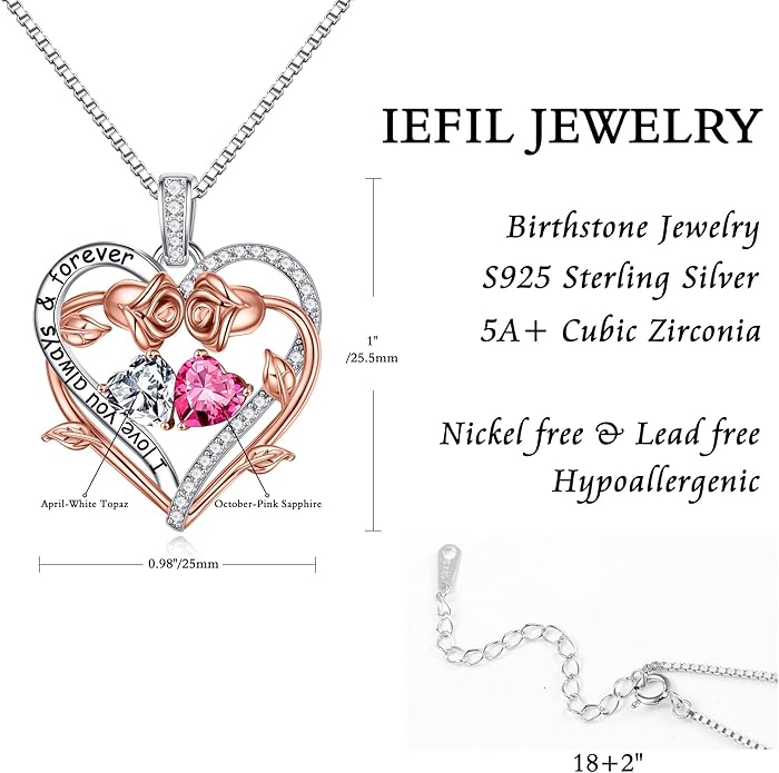 Iefil Valentines Gifts for Her Wife Women - Rose Heart Double Birthstone Necklace Gift for Wife Girlfriend Her Women, Birthstone Jewelry Gemstone Birthday Gifts for Mom Grandma Her