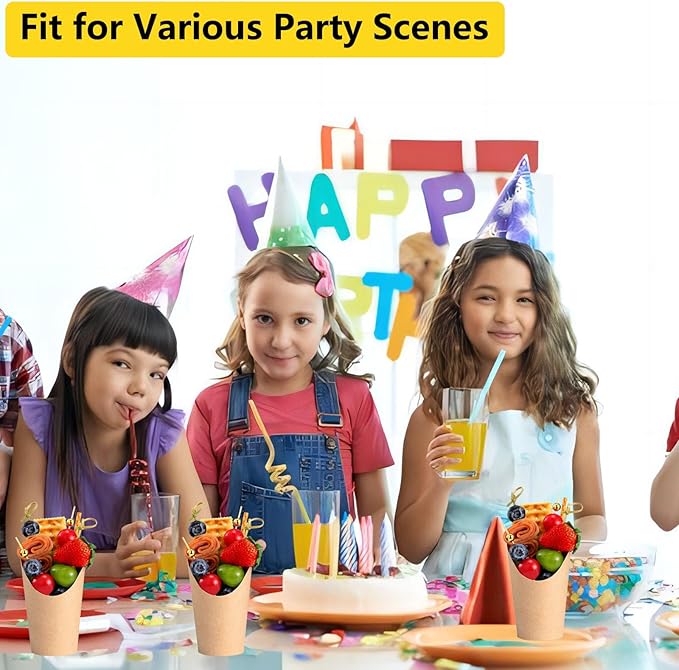 50 Pcs Charcuterie Cups with Skewers, 12 Oz Paper Snack Appetizer Cups with Cocktail Picks, French Fry Holder Brown Kraft, Disposable Popcorn Boxes Cones, Party Board Favor(50 ConeCups + 200 Sticks)
