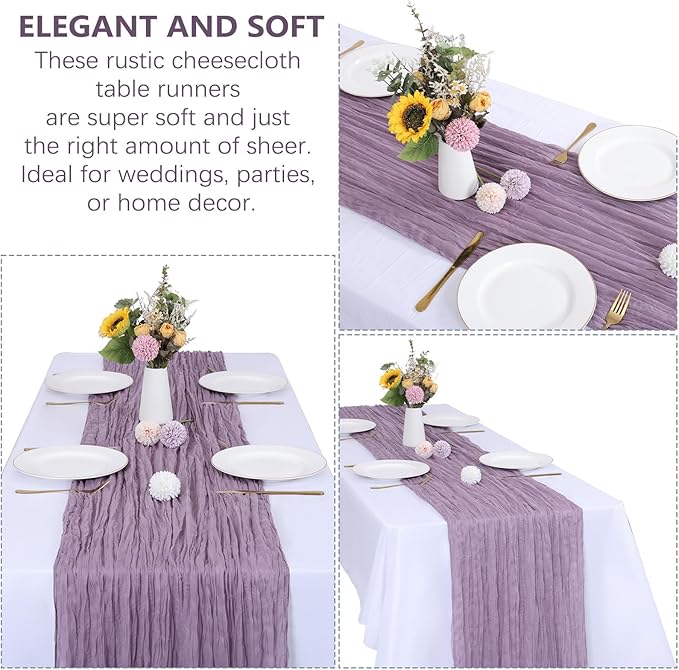 12 Pack Grape Cheesecloth Table Runner 10FT Boho Gauze Fabric Table Runner 35 x 120 Inch Rustic Sheer Runner for Centerpiece Wedding Decor Baby Shower Party Boho Table Decoration(Grape)