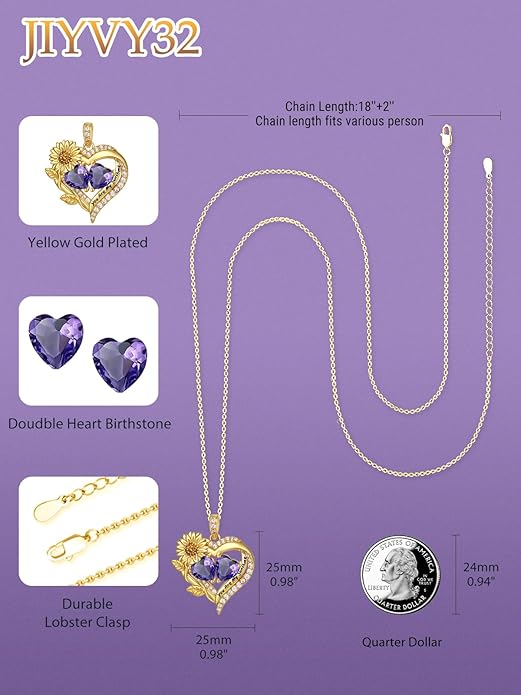 Sunflower Heart Necklace for Women 14K Gold Exquisite Valentines Day Anniversary Birthday Gifts for Wife Mother Her Double Birthstone Pendant Jewelry‘You Are My Sunshine’