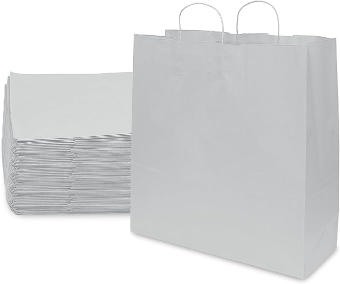Prime Line Packaging White Gift Bags, Kraft Shopping Bags Extra Large with Handles for Small Business, Boutiques, Retail, Merchandise, Bulk,18x7x18.75, 50 Pack