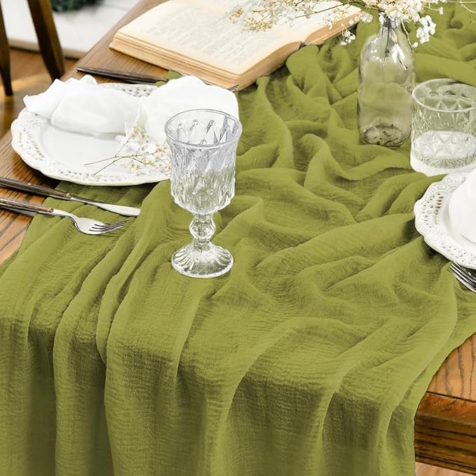Artoid Mode Boho Cheesecloth Gauze Grass Green Wedding Table Runner, 120 Inch Seasonal Spring Fabric Kitchen Dining Holiday Table Decor for Home Party Indoor