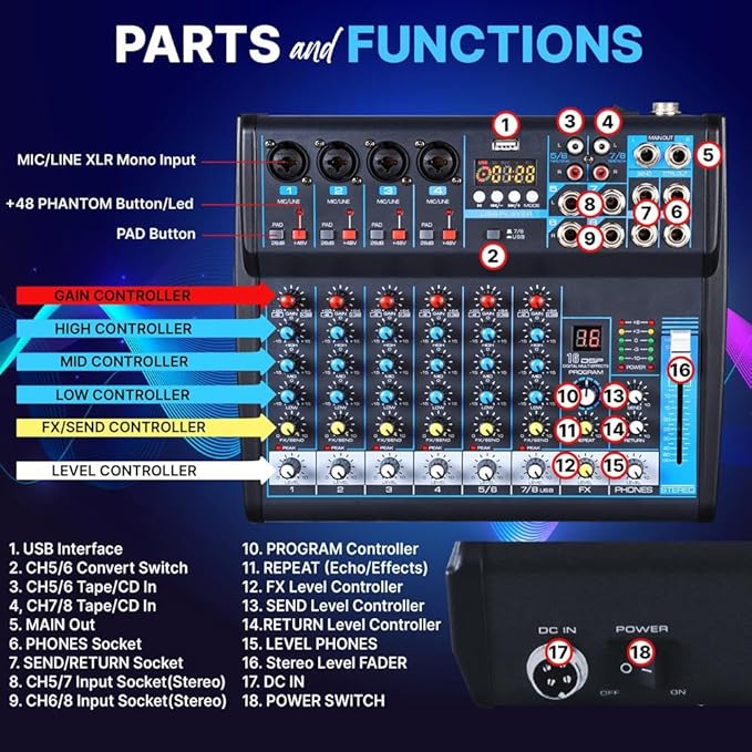 Pyle Professional Audio Mixer Sound Board Console Desk System- Interface 8 Channel Digital USB Bluetooth MP3 Computer Input 48V Phantom Power Stereo DJ Studio FX 16Bit DSP Processor, Black - PMXU83BT