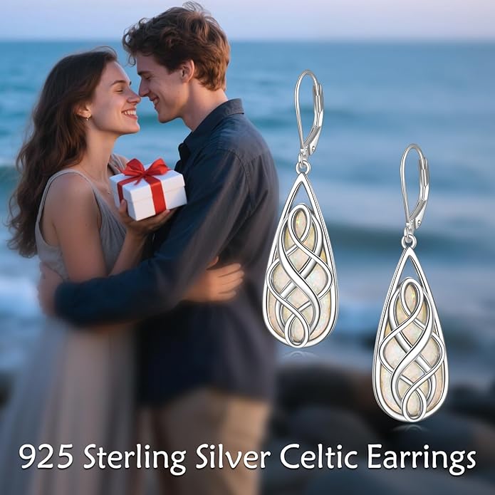 VONALA White Opal Celtic Knot Dangle Drop Earrings for Women 925 Sterling Silver Boho Chic Jewelry Gift for Women
