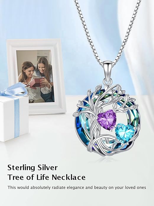 TOUPOP s925 Sterling Silver Family Celtic Tree of Life Pendant Necklaces with 2 Heart Birthstone with Blue Austrian Crystal Jewelry Birthday Valentines Day Gifts for Her, Anniversary Christmas Gifts for Wife Girlfriend Mom (18K Real White Gold Filled)