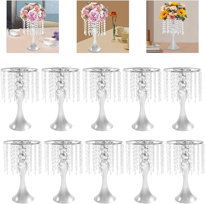 Wedding Centerpieces Sliver Vases,10PCS Metal Flower Candle Holder with Sparkling Crystal Beads,Crystal Flower Vase Metal Flowers Stand for Party Tables Decorations