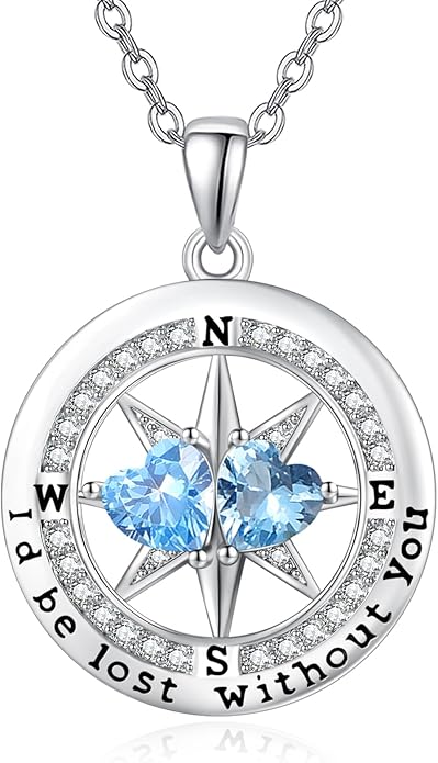 Compass Necklace for Women, Exquisite S925 Valentines Day Anniversary Birthday Gifts for Wife Her Double Birthstone Pendant Jewelry ‘I'd be Lost Without You’