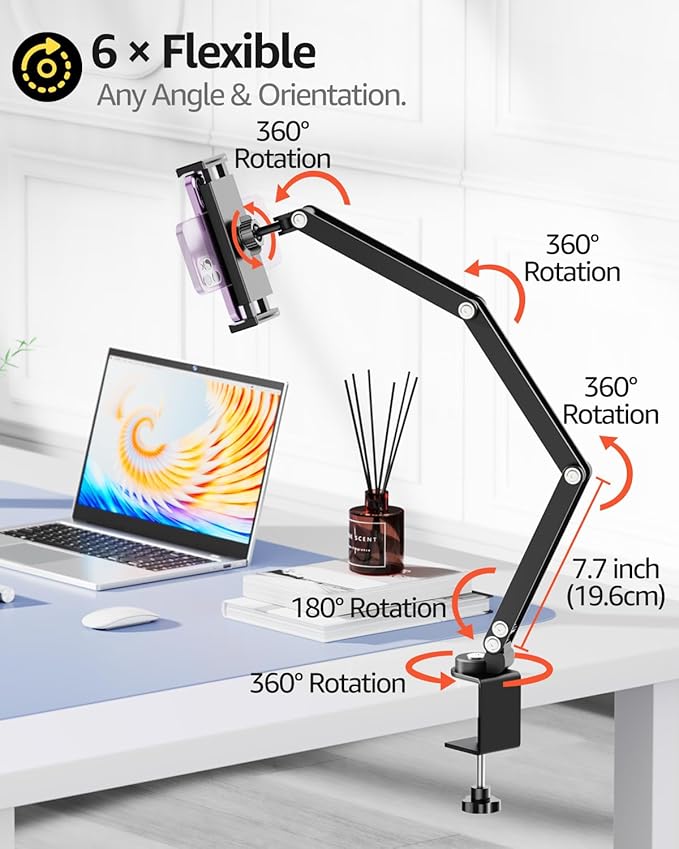 Urmust Tablet Holder Mount with Extendable Arm, Multi-Node Adjustable for 4.7-13" iPad Pro, Air, Galaxy Tab, Kindle Fire, Switch - Universal Tablet Stand for Bed, Desk & Work