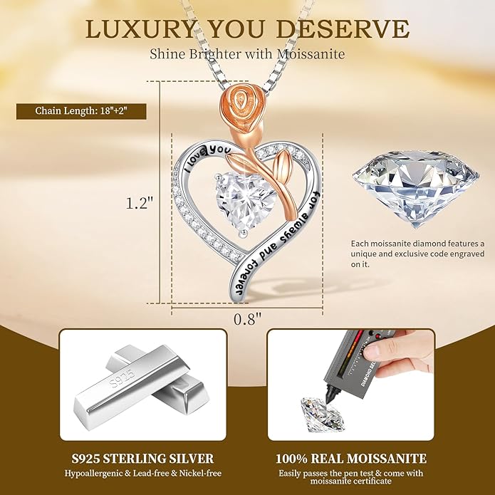 Gorgeous Moissanite Necklaces for Women - Valentine's Day Gifts for Wife Girlfriend, 925 Sterling Silver 1-3CT Moissanite Pendant Jewelry, Wedding Anniversary Birthday Christmas for Mom