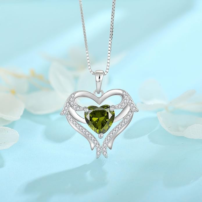 FJ Heart Angel Wings Pendant Necklace 925 Sterling Silver Birthstone Jewelry Gifts for Women