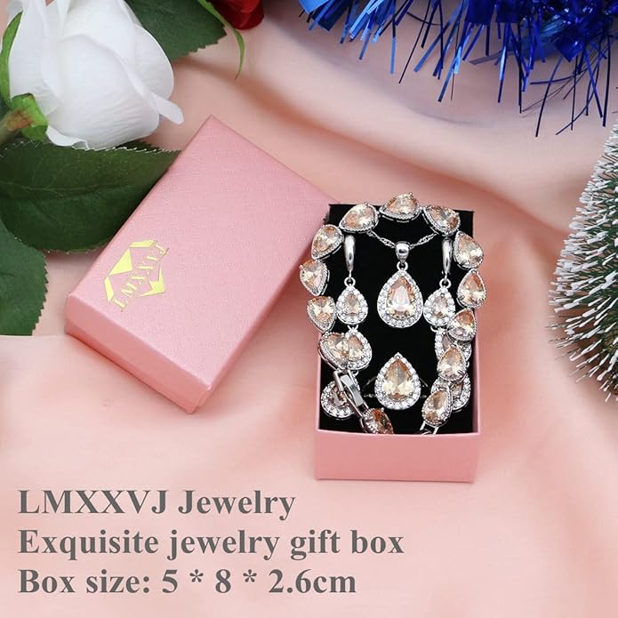 LMXXVJ Necklace Long Earrings Bracelet Set, White Gold Plated Created Blue Sapphire Jewelry Set Wedding Party Gift Jewelry for Women Bridal Bridesmaid