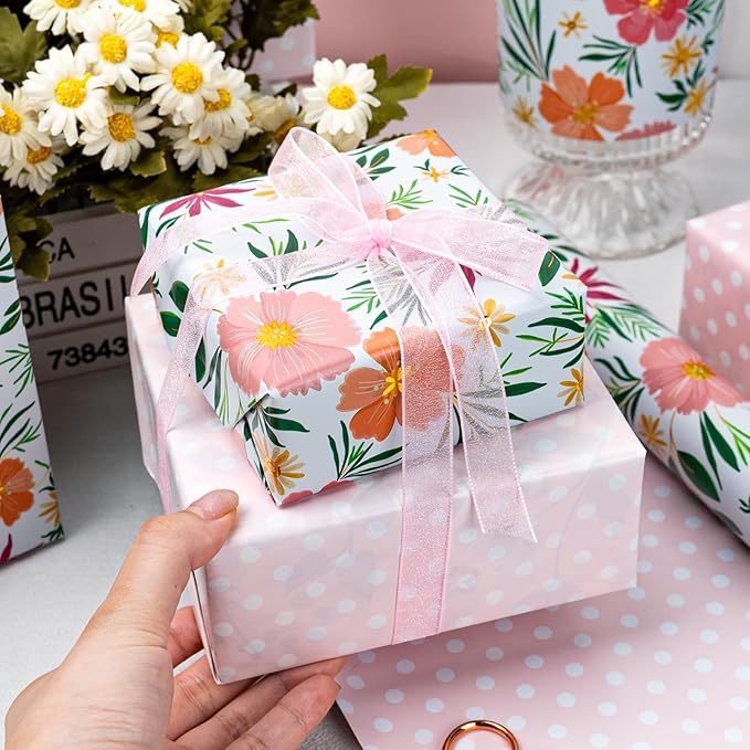 MAYPLUSS Flower Wrapping Paper Roll, Gold Design Floral Gift Wrap For Mothers Day, Wedding, Bridal Shower, Birthday, 17 Inch x 33 Feet