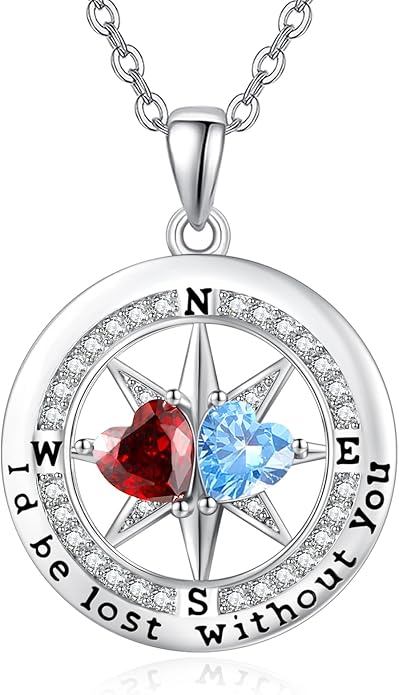 Compass Necklace for Women, Exquisite S925 Valentines Day Anniversary Birthday Gifts for Wife Her Double Birthstone Pendant Jewelry ‘I'd be Lost Without You’