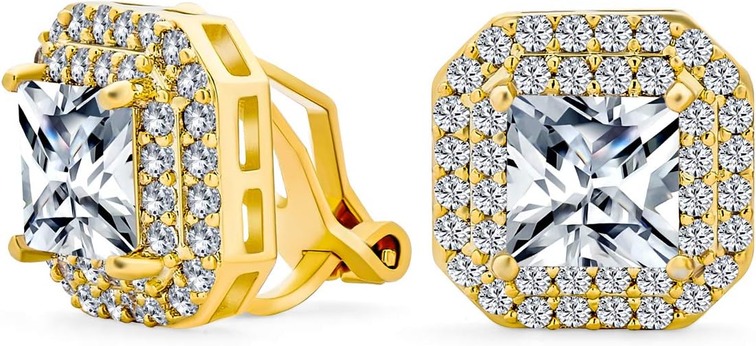 Bridal Art Deco Estate Jewelry Style Fashion Simulated Emerald Green Cubic Zirconia Pave Baguette Halo AAA CZ Square Large Oval Stud Clip On Earrings For Women Wedding Yellow 14K Gold Silver Plated