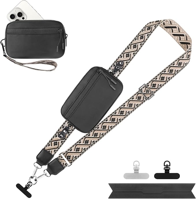 Clip and Go Strap for Phone with Wallet Crossbody, Adjustable Phone Lanyard with Detachable RFID Wristlet Wallet, Pattern Strap - Black (L)