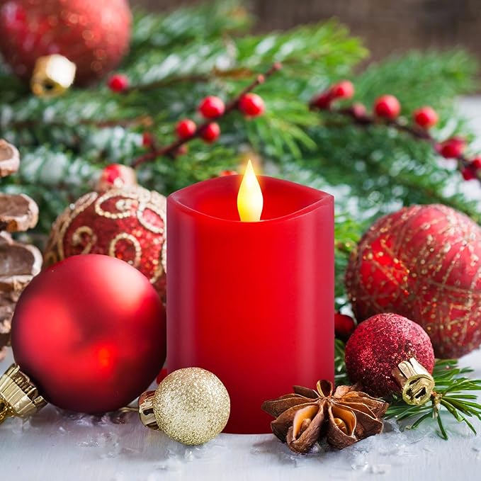 3x4 Flickering Flameless Candles,Real Wax Pillar led Candles Flickering,with Timer,4 inch Flameless Candles with Remote,for Party Wedding Holiday Home Decor,Red