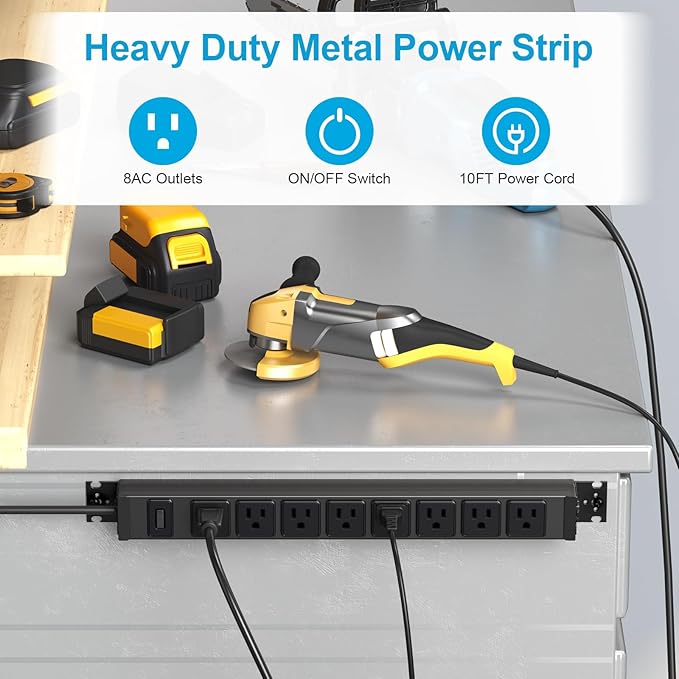 HHSOET Metal 360° Rotating Mountable Power Strip, 8 Outlet Gaming Table Mounted Outlet Strip, Heavy Duty Wall Mount Surge Protector with Switch, 15A 125V 1875W, 10ft Power Cord.(Black)