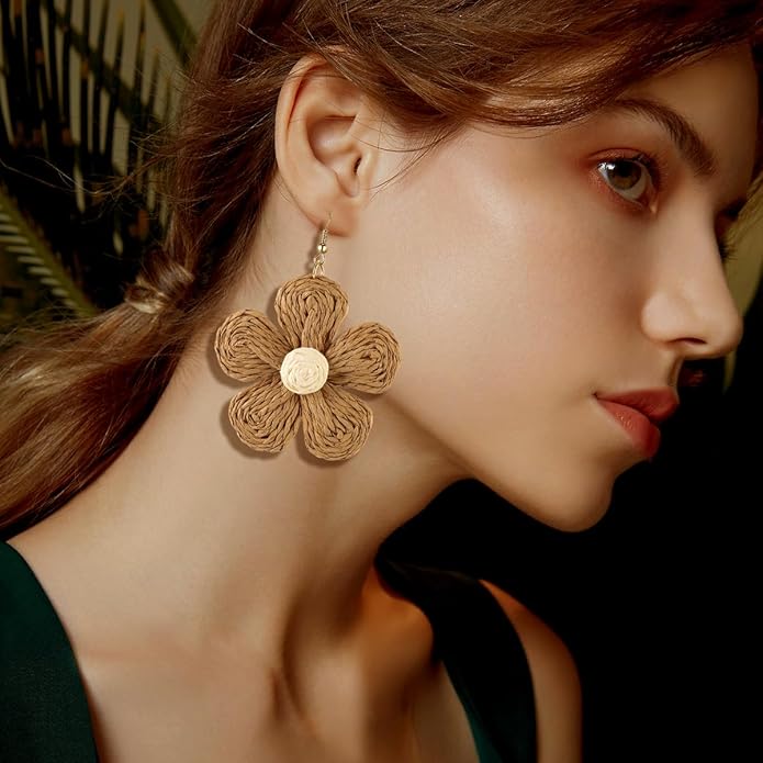 Handmade Raffia Hoop Earrings Statement Tropical Bohemian Straw Dangle Earrings Natural Rattan Vacation Style Round Earrings for Women Summer Beach Party Essential Jewelry