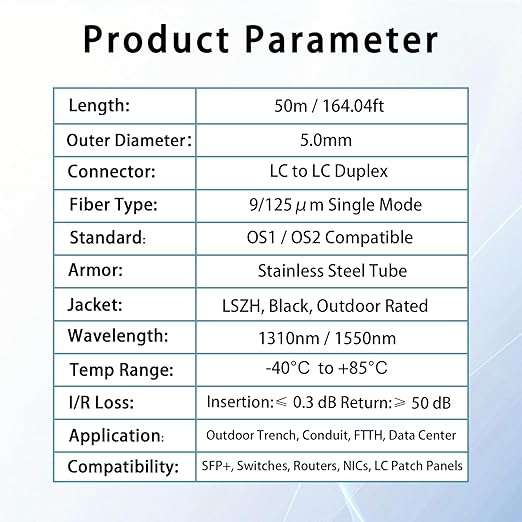 50M/164FT LC to LC Armored Outdoor Fiber Optic Cable, Single Mode Duplex 9/125μm SMF Fiber Patch Cord, OS1/OS2 Compatible, Black LSZH Jacket, Uniboot Jumper for FTTH, Data Center, Long-Distance Use