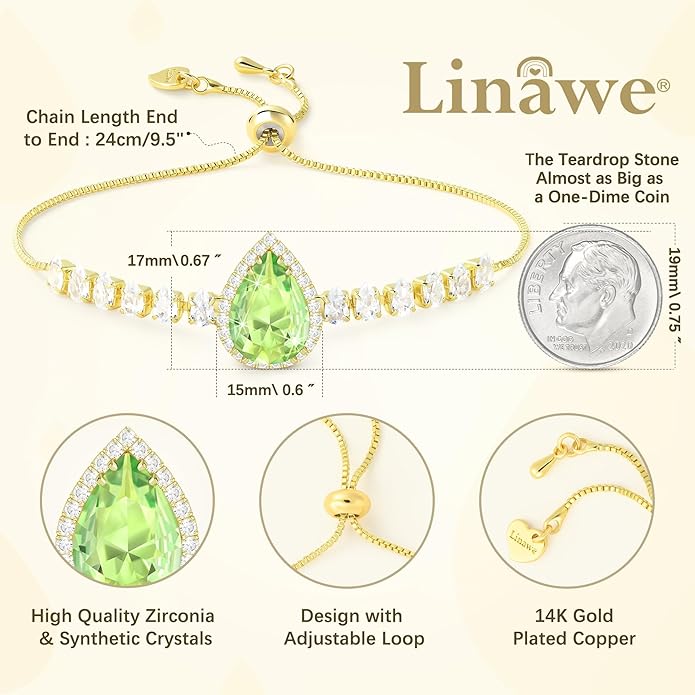 Linawe Crystal Imitation Diamond Rhinestone Charm Bracelets for Women, Gold/Silver/Rose Gold Adjustable Chain Bracelet, Teardrop Birthstone Cubic Zirconia Prom Costume Wedding Jewelry