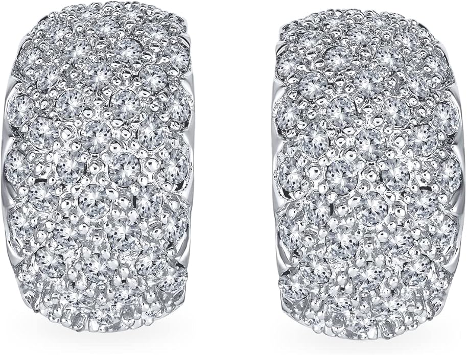 Fashion Bridal Wedding 3 Row Pave Crystal Dome Endless Hinged Huggie Hoop Clip On Earrings For Women Non Pierced Ears Yellow Gold Silver Plated