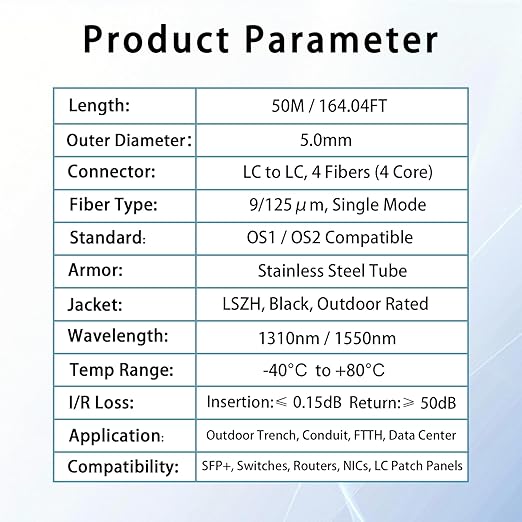 50M/165FT Outdoor Armored LC to LC Fiber Optic Cable, 4 Core OS2 Single Mode 9/125μm, Industrial TPU Jacket, OD 5mm, 4 Strands, SMF, Direct Burial, Heavy-Duty LC-LC Patch Cord for Harsh Environments
