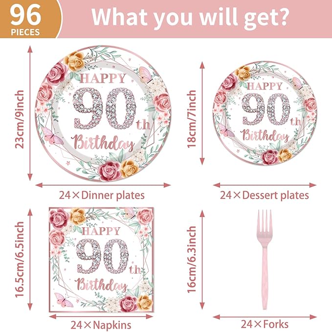 96Pcs 90th Birthday Party Decorations for Women Disposable Tableware Set -Rose Gold Floral Happy 90th Birthday Paper Plates Napkins Forks 90 Years Old Theme Party Supplies Serve 24 Guests