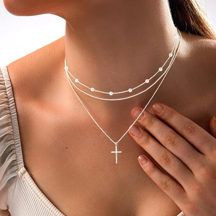 Zeffy Gold Pearl Necklace for Women, Dainty 14K Gold/Silve Plated Layered Pearl Choker Pearl Earrings Pearl Bracelets Wedding Trendy Gold Jewelry Set for Women Gifts