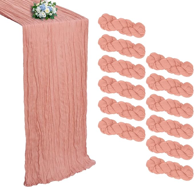 12 Pack Peach Cheesecloth Table Runner 10FT Boho Cheese Cloths Gauze Fabric Table Runners 120 Inch Rustic Sheer for Wedding Birthday Party Baby Shower Centerpiece Home Decorations