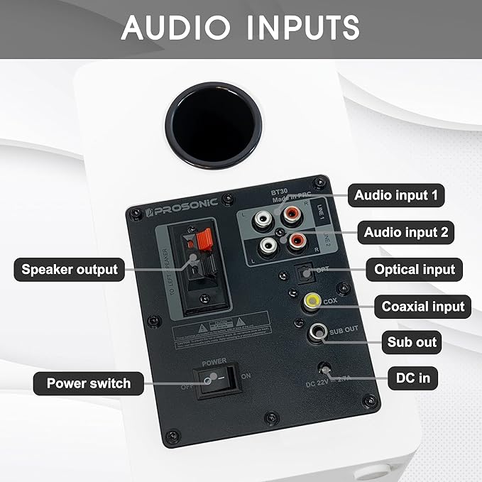 Active Bluetooth Bookshelf Speaker Studio Monitor Home Theater, Optical Input, Coaxial Input, 2 x RCA Aux Input, 30 Watts x 2 (White)
