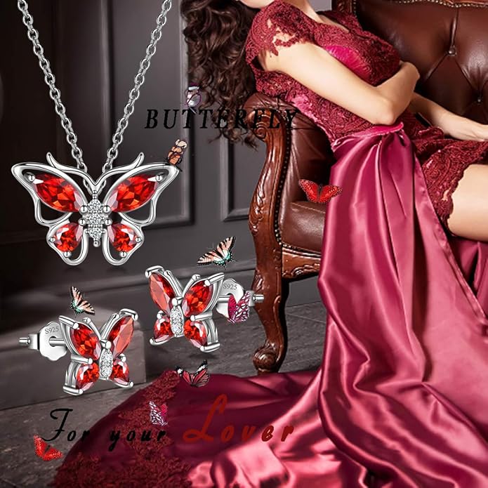 925 Sterling Silver Birthstone Butterfly Jewelry Women Crystal Animal Cute Butterflies Birthday Necklace/Earring/Ring/Bracelet Sets Birth Stone Statement Anniversary Jewellery