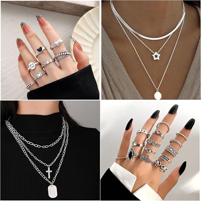73 Pcs Gold Jewelry Set with 6Pcs Layered Necklace, 11 Pcs anklet and 7Pcs Earring Ear Cuff,12Hoop Earrings ,15pcs Rings,21pcs stud earrings Jewerly set for Women Pack for Friendship Party Gift