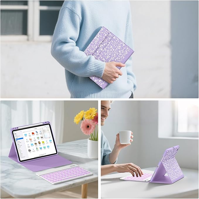 Supveco Keyboard Case for iPad Air 11 Inch (M3 2025,M2 2024),iPad Air 5th/4th Generation with Pencil Holder-7 Colors Backlit Wireless Detachable Folio Keyboard Cover with Soft TPU Back-Lilac
