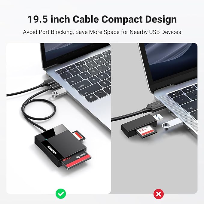 UGREEN SD Card Reader USB 3.0 Card Hub Adapter 5Gbps Read 4 Cards Simultaneously CF, CFI, TF, SDXC, SDHC, SD, MMC, Micro SDXC, Micro SD, Micro SDHC, MS, UHS-I (Black)
